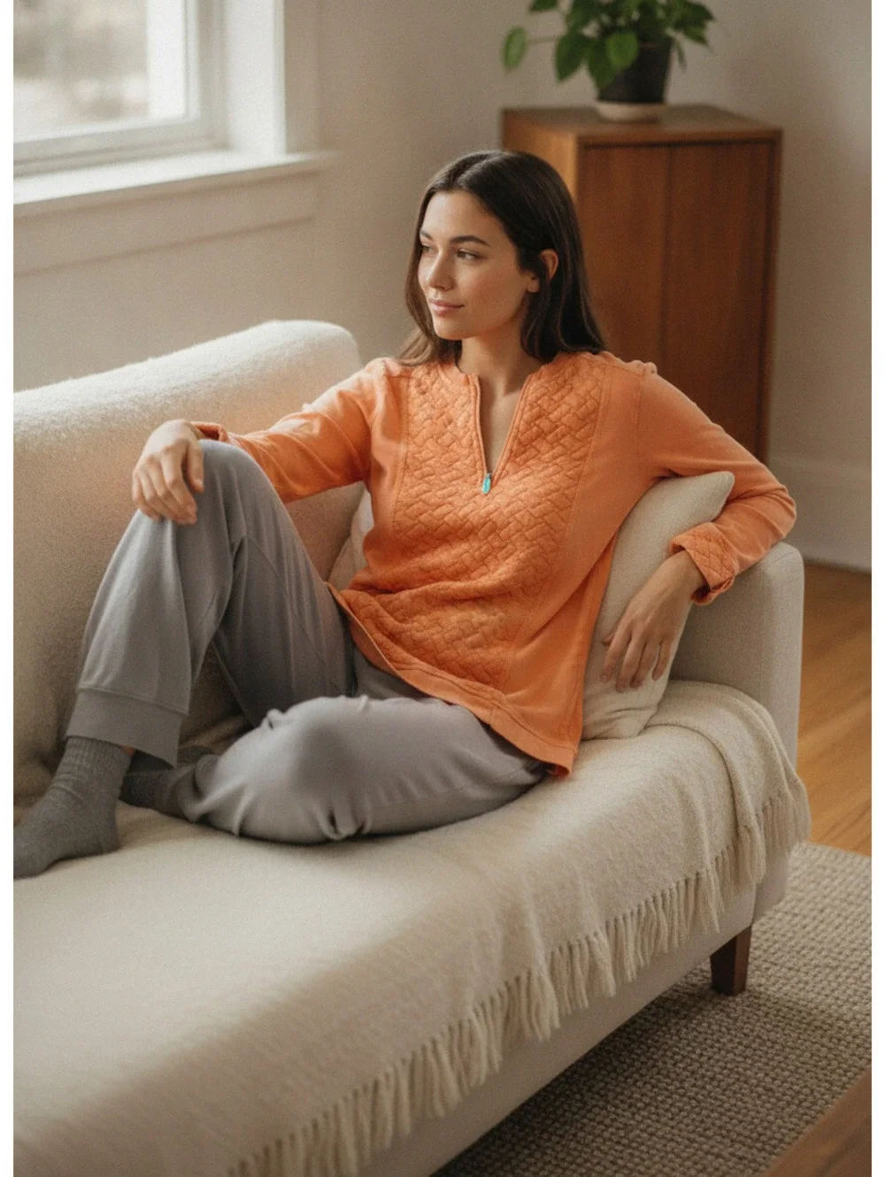 Soft Surroundings Womens S Orange Quilted 1/4 Zip Tunic Boho Coastal Resort Top